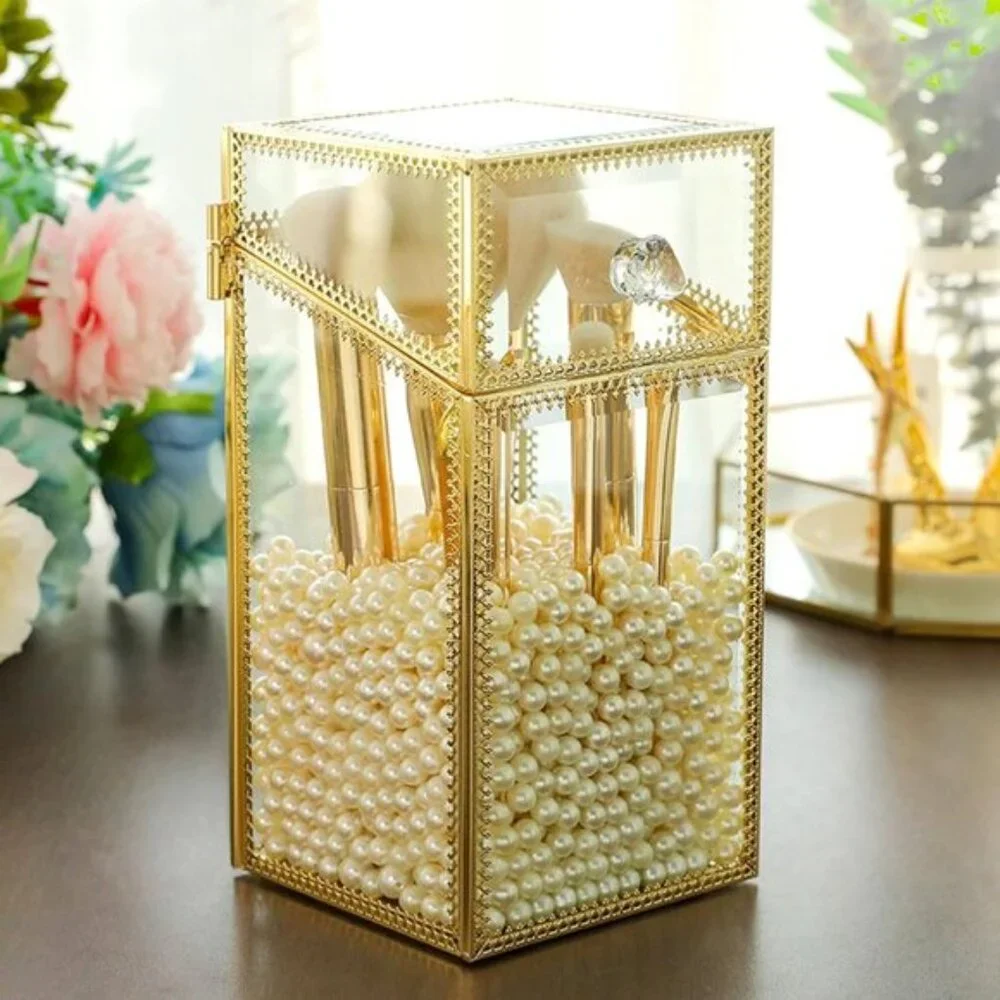 Vintage Makeup Brush Holder with Lid, Clear Glass Vanity Organizer with Pearls